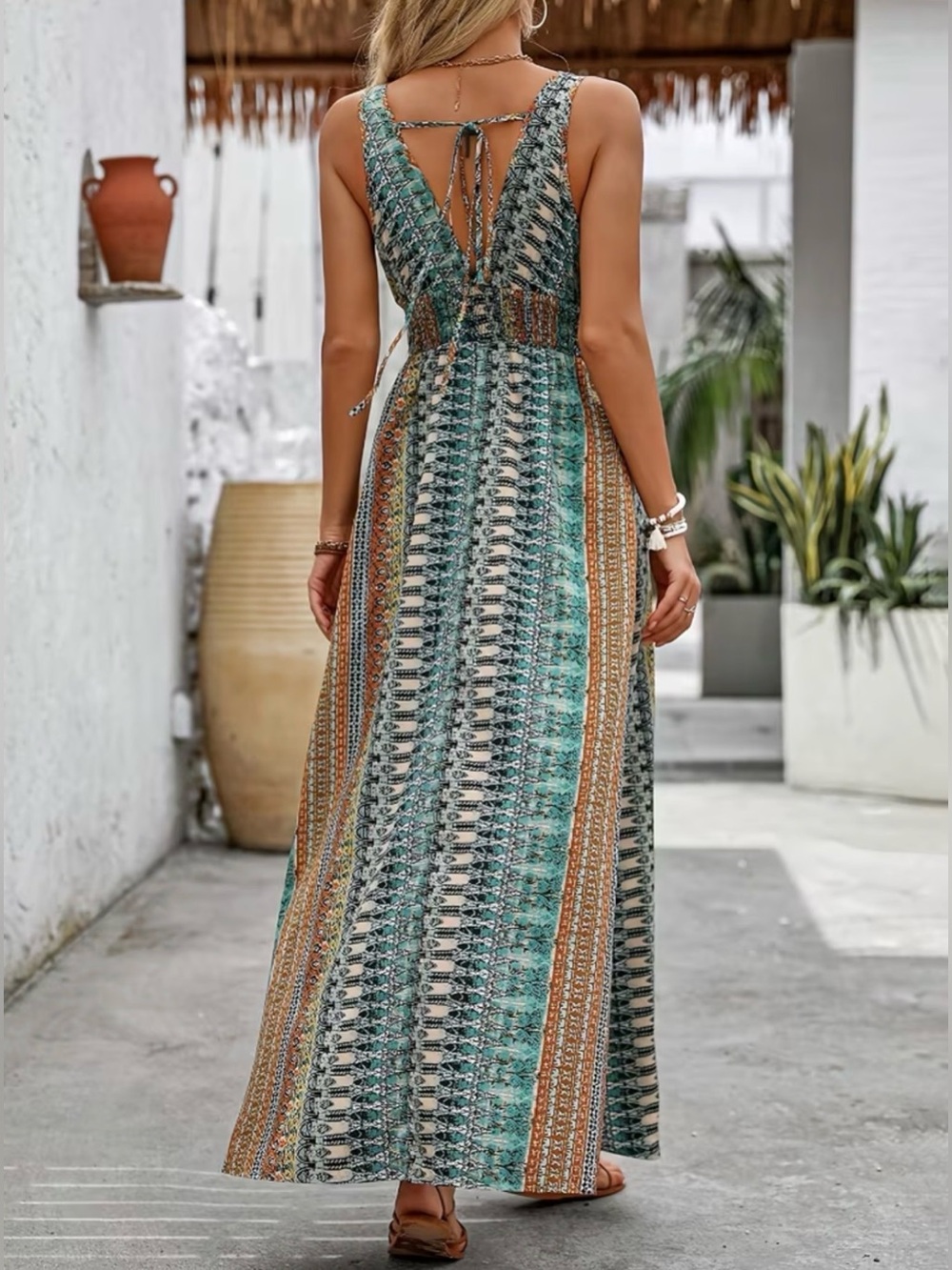 Bohemian V-Neck Maxi Dress in Turquoise & Rust - Women's Summer Dress New - Picture 3 of 4